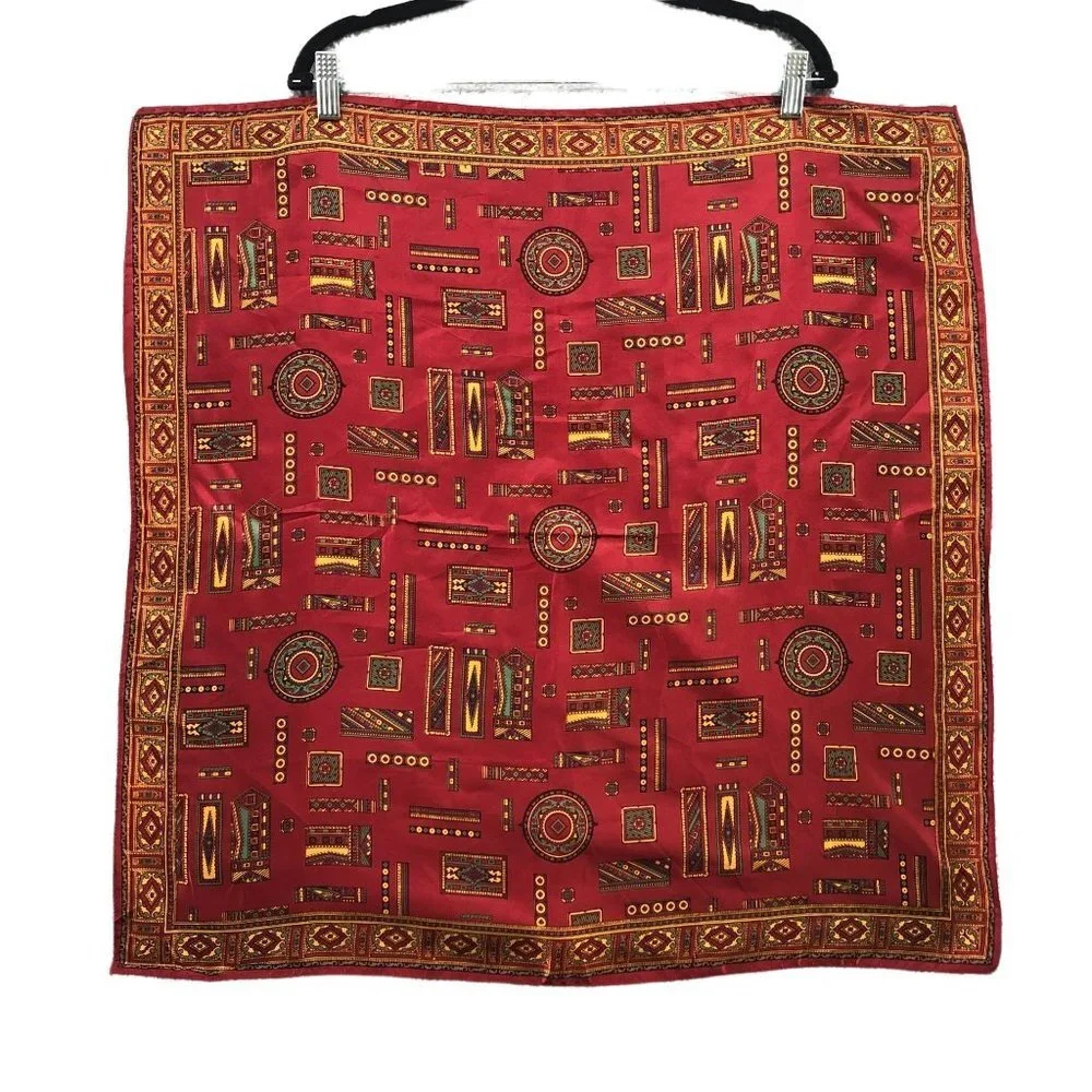 Vintage Lightweight Square‎ Scarf Red Silky Tapestry Gentleman Scholar Elegant